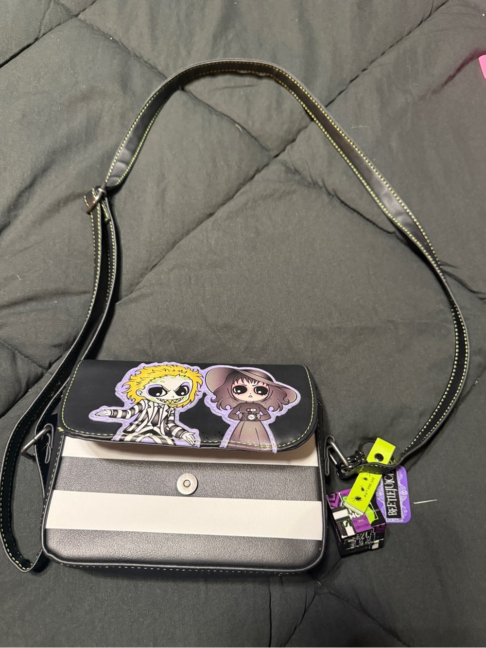 Loungefly Black & White Striped Crossbody with Beetlejuice Characters & keychain